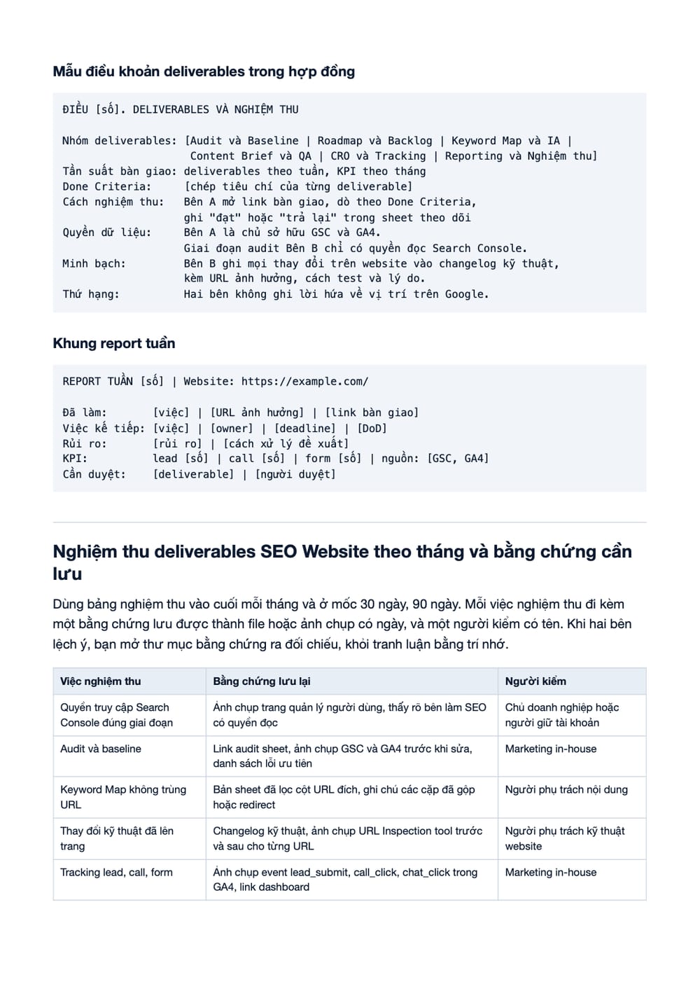 Trang 11 bản PDF của tài liệu Deliverables Nghiệm Thu SEO Website | Checklist Bàn Giao SEO Tổng Thể, phần có bảng