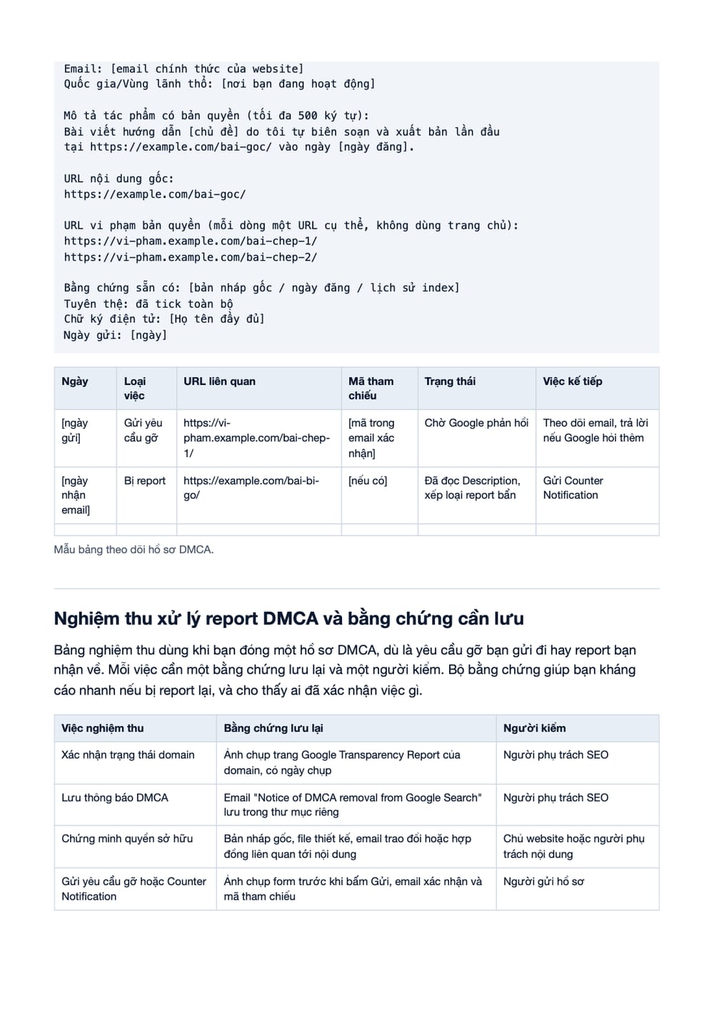 Trang 19 bản PDF của tài liệu DMCA Là Gì? Cách Phát Hiện Report DMCA Nhanh, Chính Xác, phần có bảng