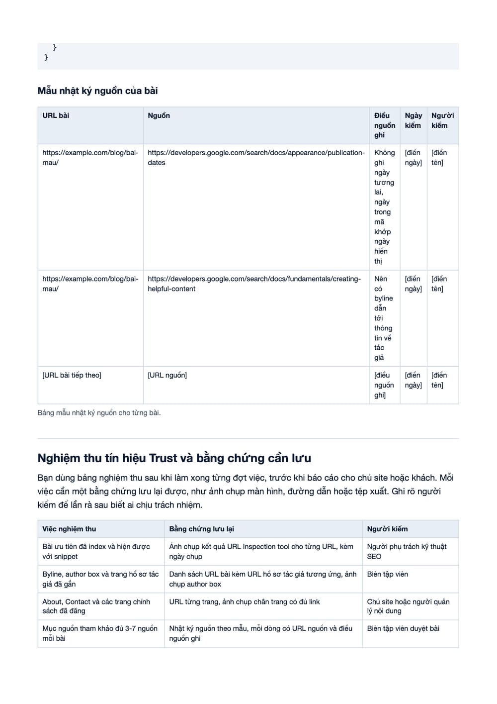 Trang 10 bản PDF của tài liệu E-E-A-T cho SEO cho AI: Cách tăng Trust để AI ưu tiên trích dẫn 2026, phần có bảng