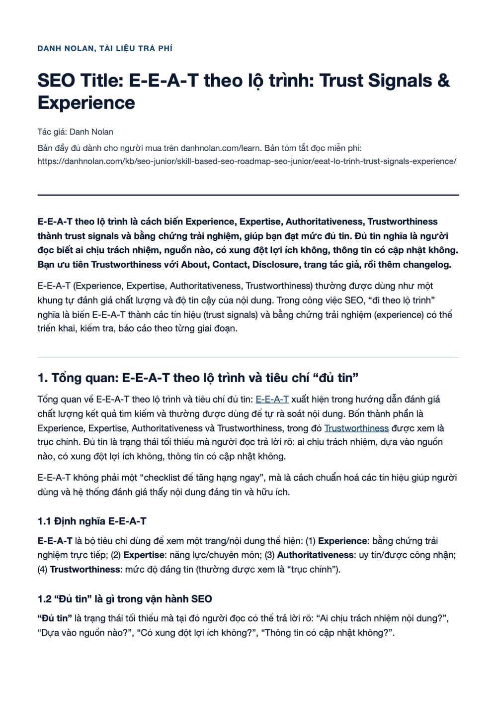 Trang 1 bản PDF của tài liệu SEO Title: E-E-A-T theo lộ trình: Trust Signals & Experience
