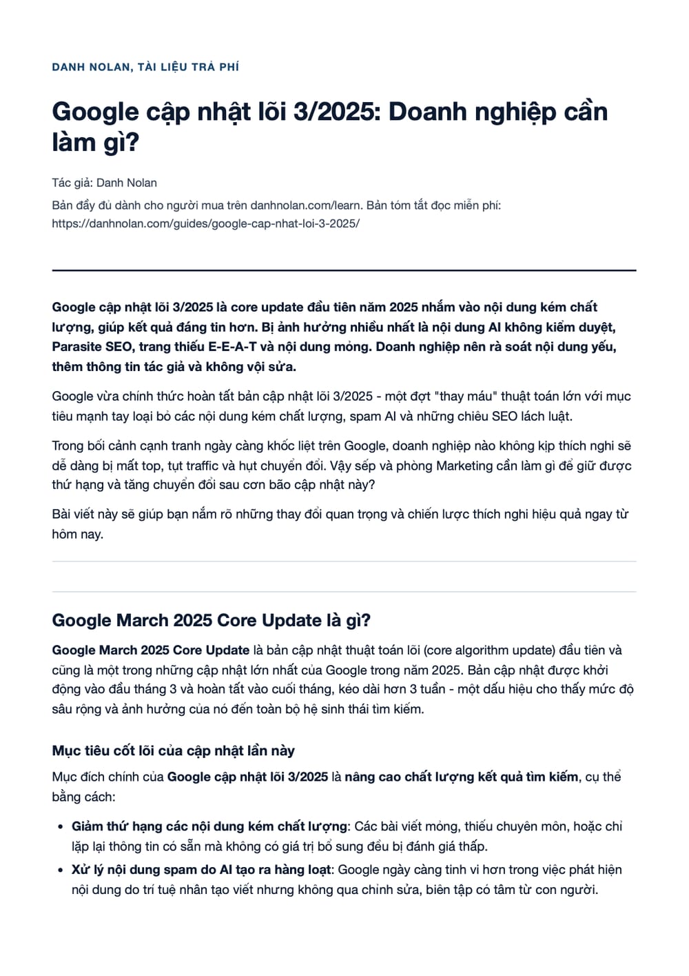 Trang 1 bản PDF của tài liệu Google cập nhật lõi 3/2025: Doanh nghiệp cần làm gì?