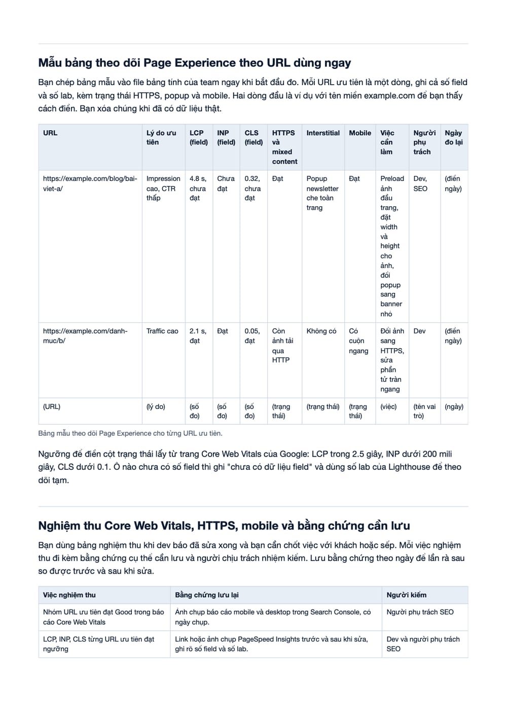 Trang 10 bản PDF của tài liệu Google Page Experience Update - Tổng hợp Core Web Vitals, HTTPS, phần có bảng