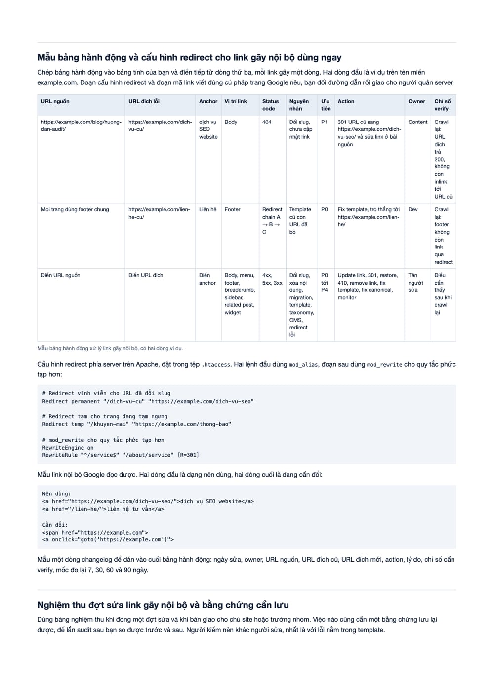 Trang 9 bản PDF của tài liệu Internal Broken Links là gì? Vì sao link gãy làm đứt crawl, đứt UX và, phần có bảng