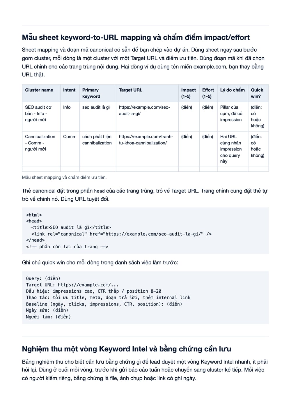Trang 20 bản PDF của tài liệu Keyword Intel - Cluster theo Intent - Priority - Quick Wins, phần có bảng