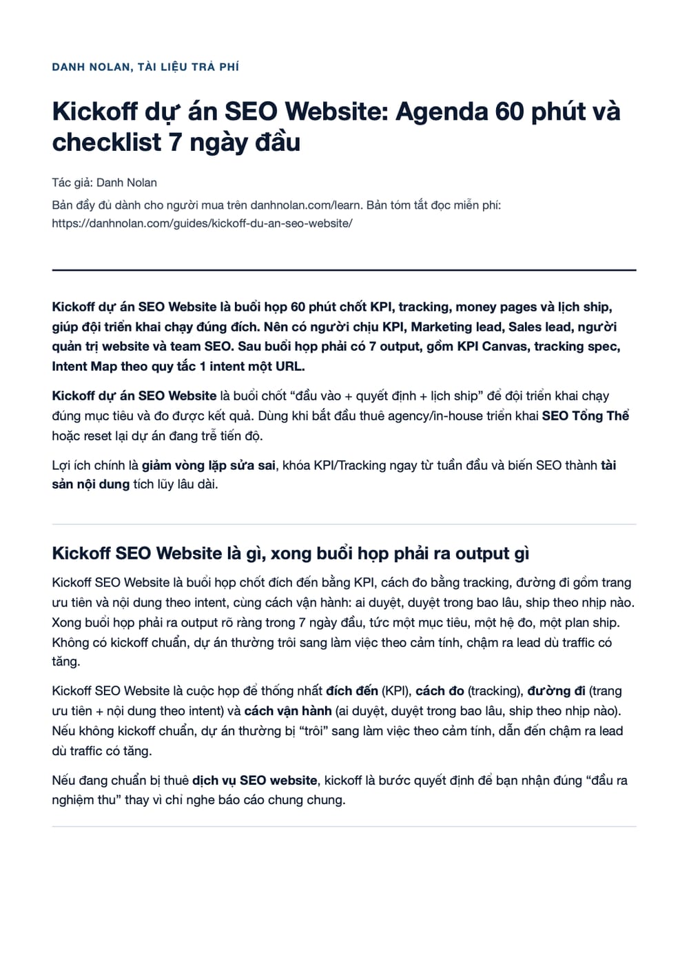 Trang 1 bản PDF của tài liệu Kickoff dự án SEO Website: Agenda 60 phút và checklist 7 ngày đầu