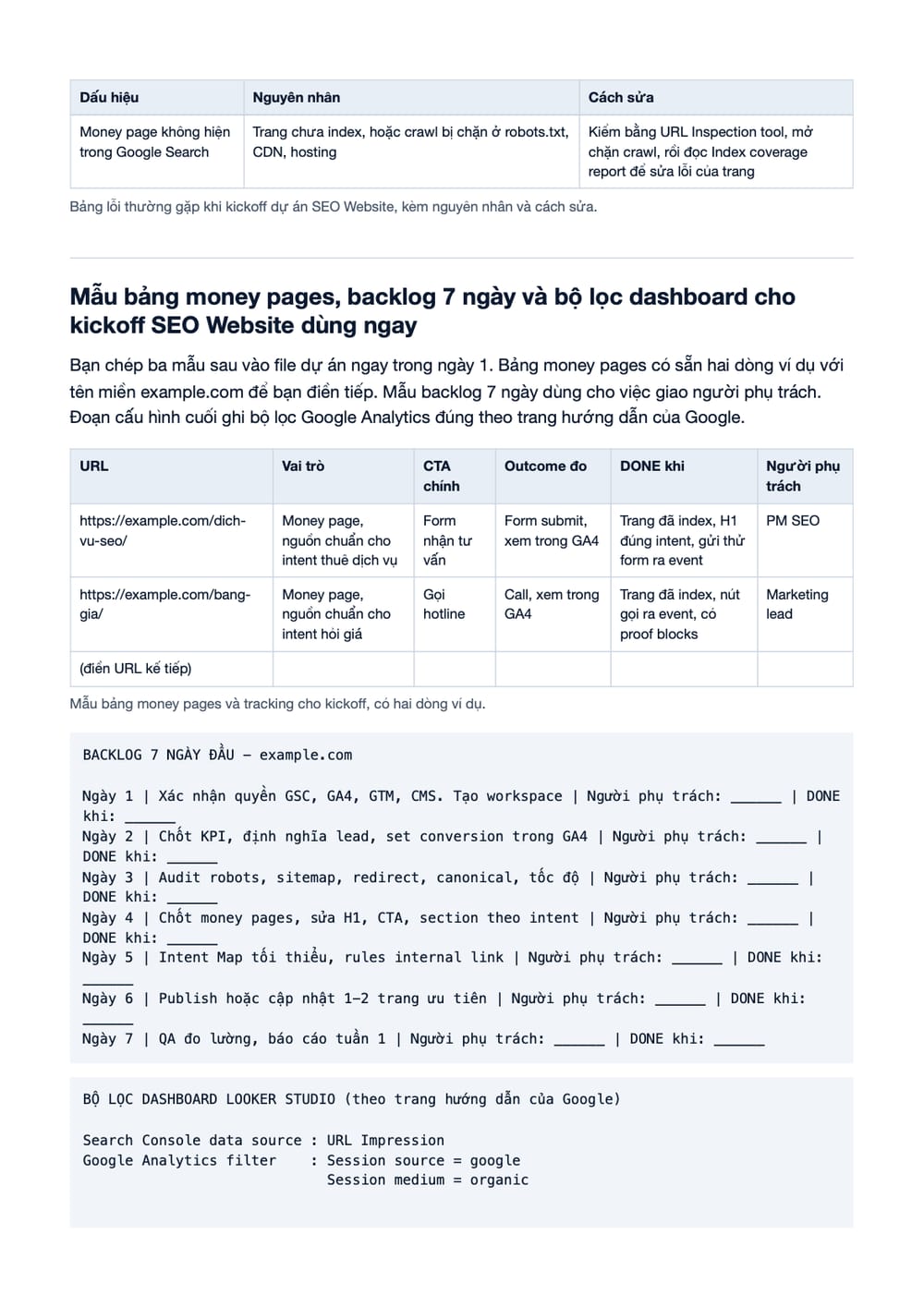 Trang 12 bản PDF của tài liệu Kickoff dự án SEO Website: Agenda 60 phút và checklist 7 ngày đầu, phần có bảng