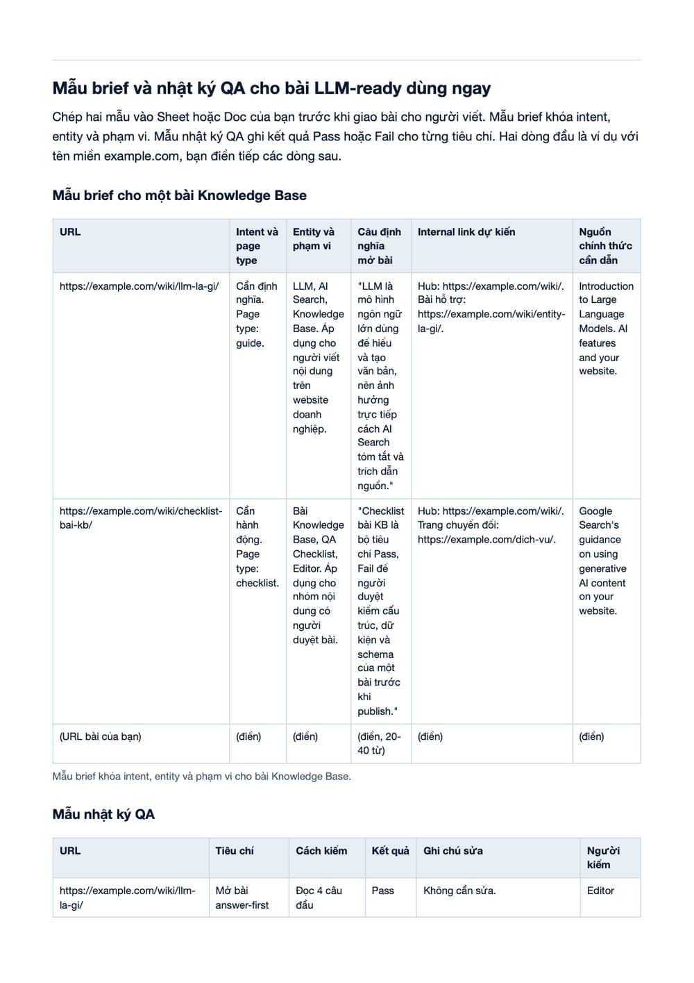 Trang 17 bản PDF của tài liệu Large Language Model (LLM) là gì? Cách hiểu đúng trong SEO & AI Search, phần có bảng