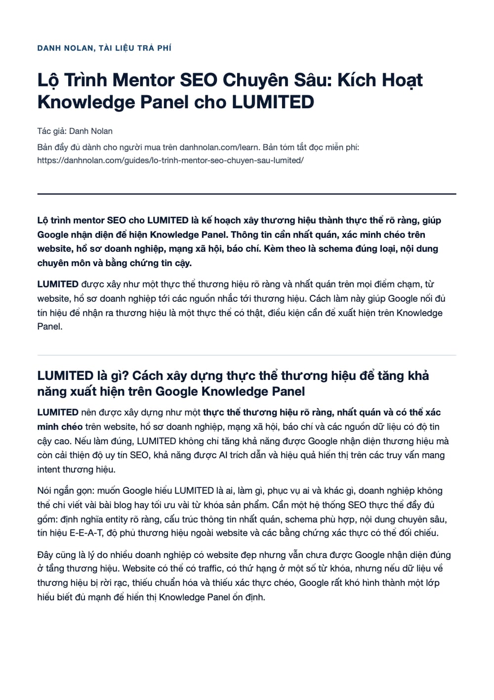 Trang 1 bản PDF của tài liệu Lộ Trình Mentor SEO Chuyên Sâu: Kích Hoạt Knowledge Panel cho LUMITED