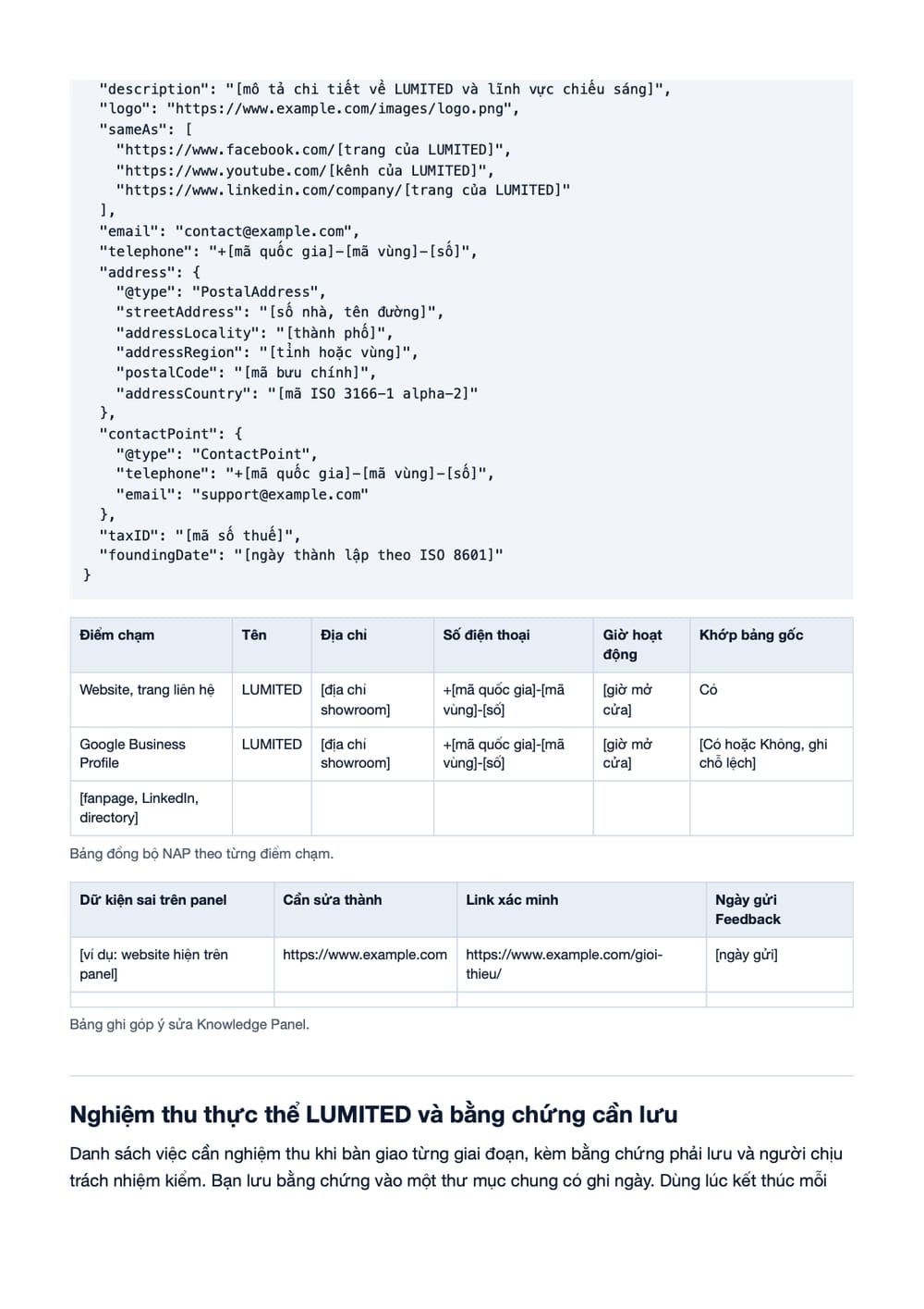 Trang 14 bản PDF của tài liệu Lộ Trình Mentor SEO Chuyên Sâu: Kích Hoạt Knowledge Panel cho LUMITED, phần có bảng