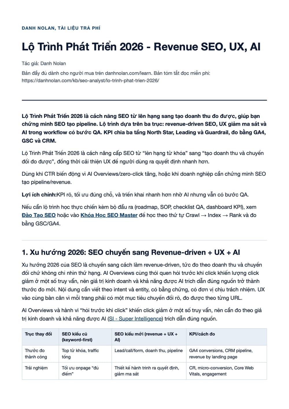 Trang 1 bản PDF của tài liệu Lộ Trình Phát Triển 2026 - Revenue SEO, UX, AI