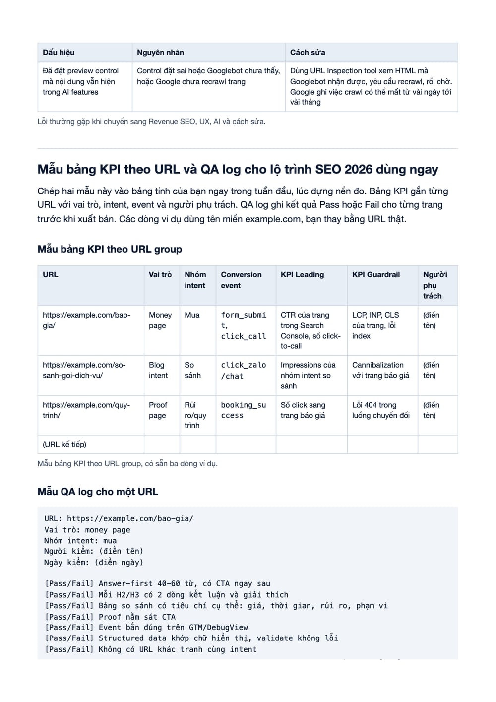 Trang 17 bản PDF của tài liệu Lộ Trình Phát Triển 2026 - Revenue SEO, UX, AI, phần có bảng