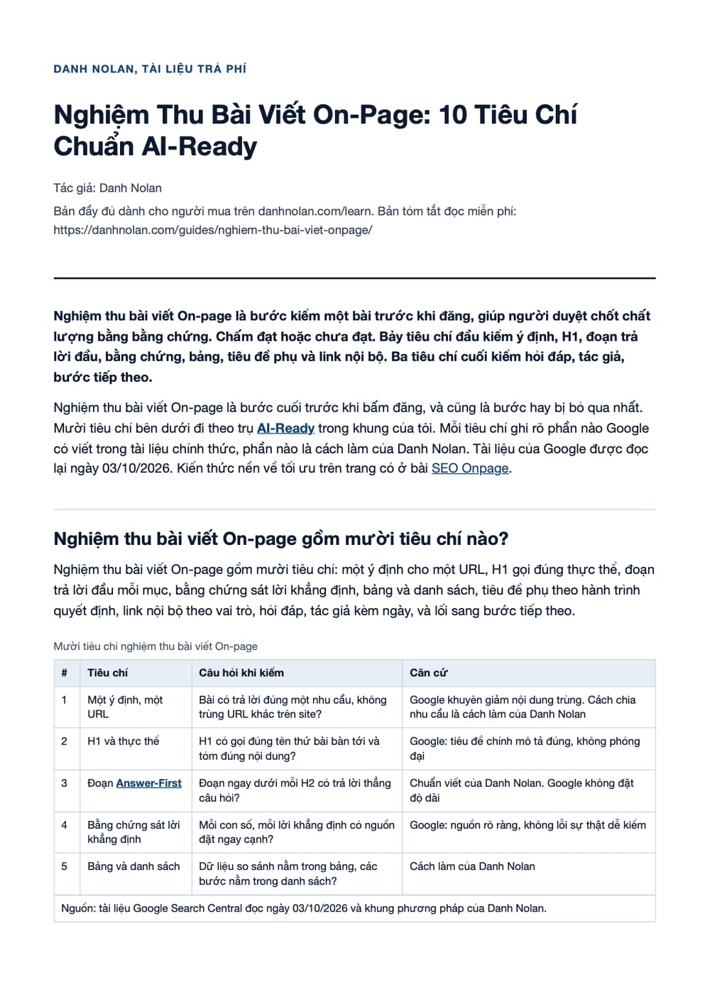 Trang 1 bản PDF của tài liệu Nghiệm Thu Bài Viết On-Page: 10 Tiêu Chí Chuẩn AI-Ready