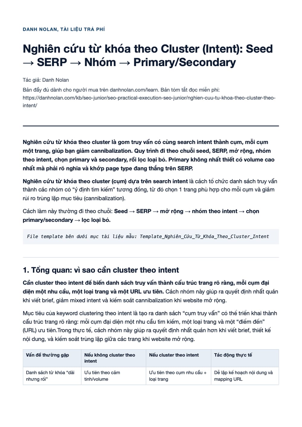 Trang 1 bản PDF của tài liệu Nghiên cứu từ khóa theo Cluster (Intent): Seed → SERP → Nhóm →