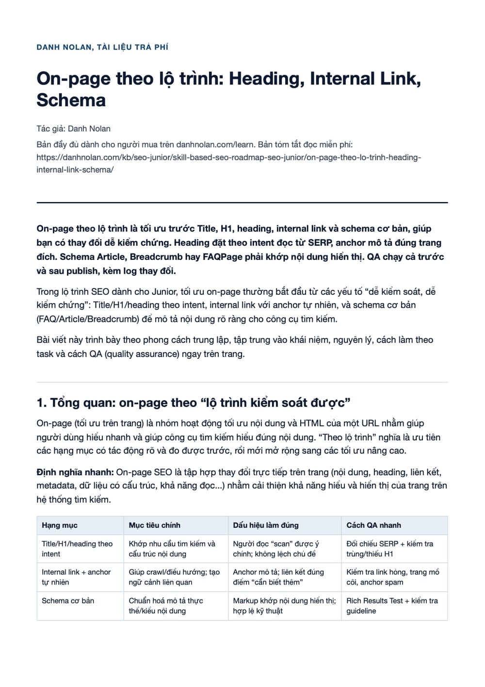 Trang 1 bản PDF của tài liệu On-page theo lộ trình: Heading, Internal Link, Schema