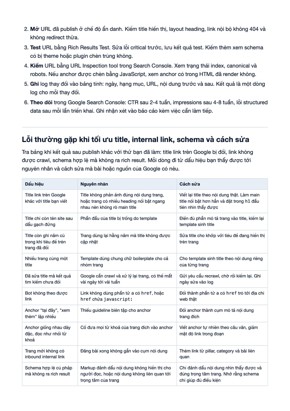 Trang 15 bản PDF của tài liệu On-page theo lộ trình: Heading, Internal Link, Schema, phần có bảng