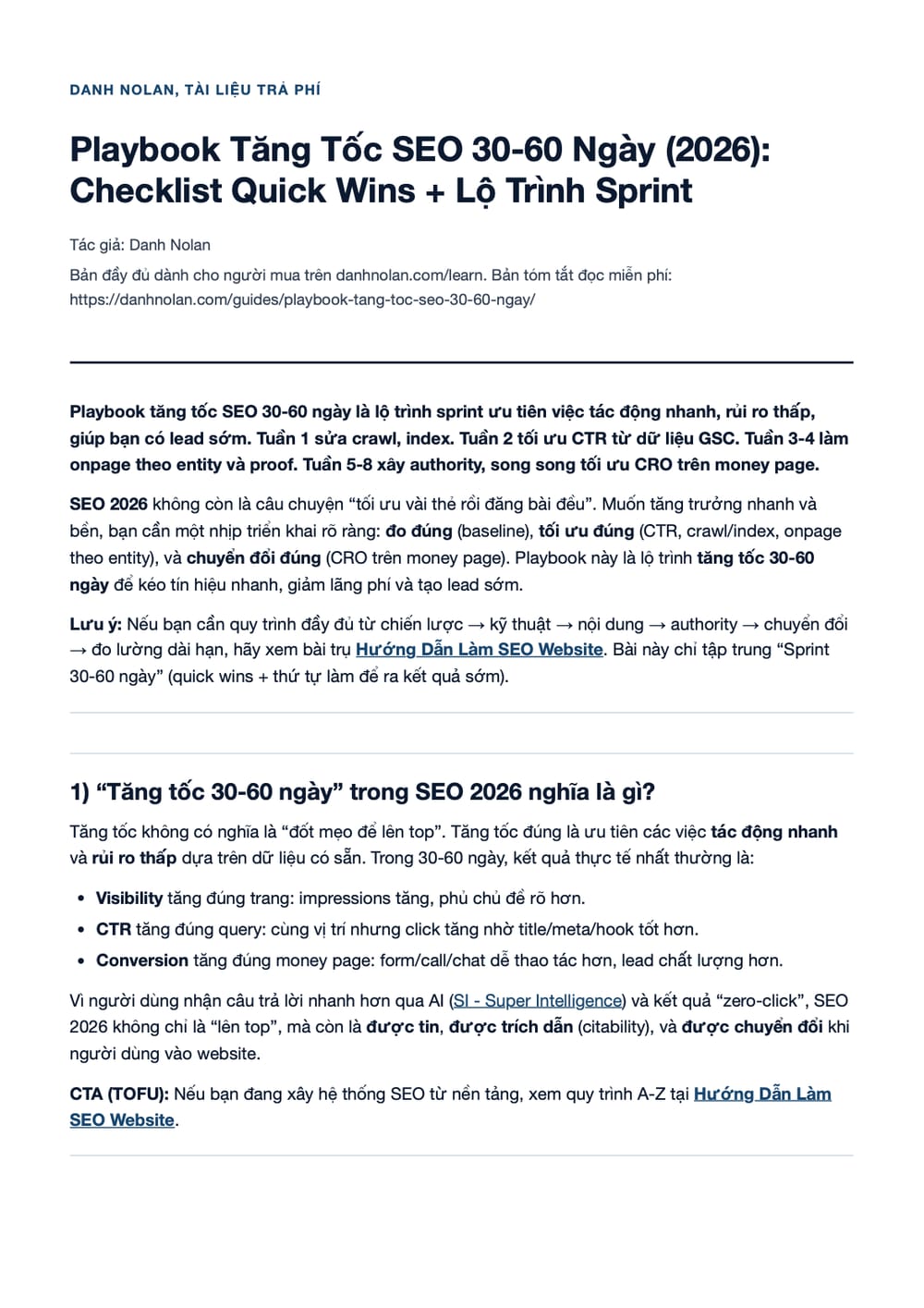 Trang 1 bản PDF của tài liệu Playbook Tăng Tốc SEO 30-60 Ngày (2026): Checklist Quick Wins + Lộ