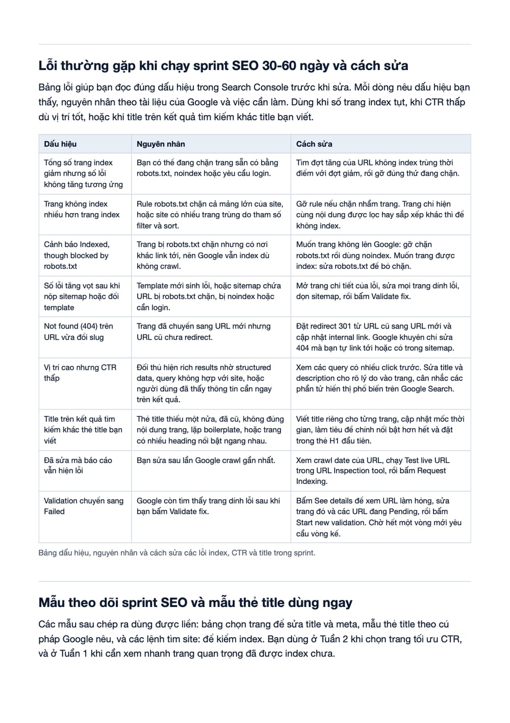 Trang 11 bản PDF của tài liệu Playbook Tăng Tốc SEO 30-60 Ngày (2026): Checklist Quick Wins + Lộ, phần có bảng