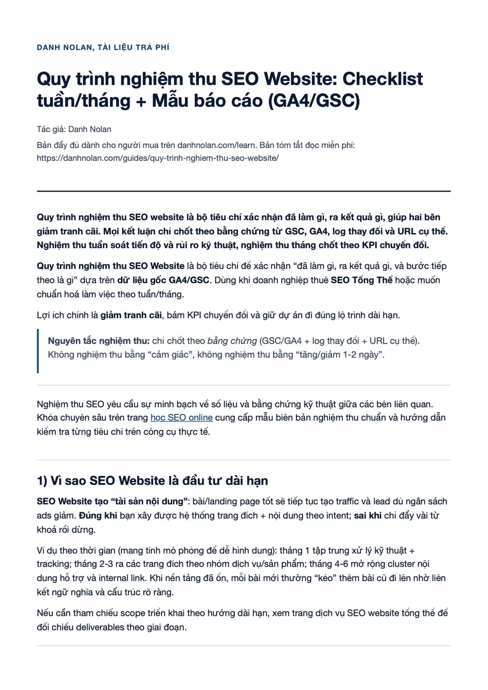 Trang 1 bản PDF của tài liệu Quy trình nghiệm thu SEO Website: Checklist tuần/tháng + Mẫu báo cáo