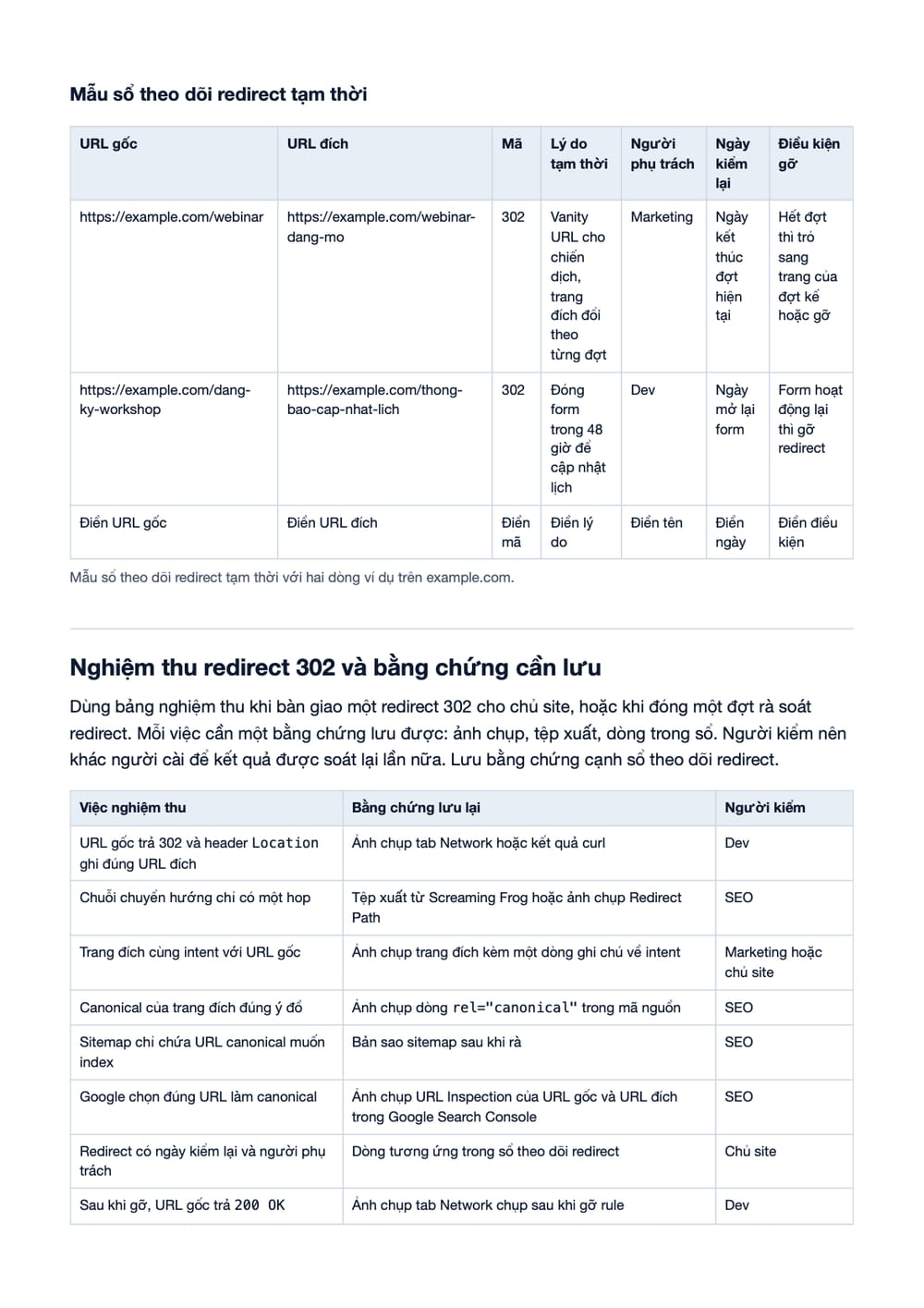 Trang 17 bản PDF của tài liệu Redirect 302 là gì? Khi nào nên dùng để không làm rối index, phần có bảng