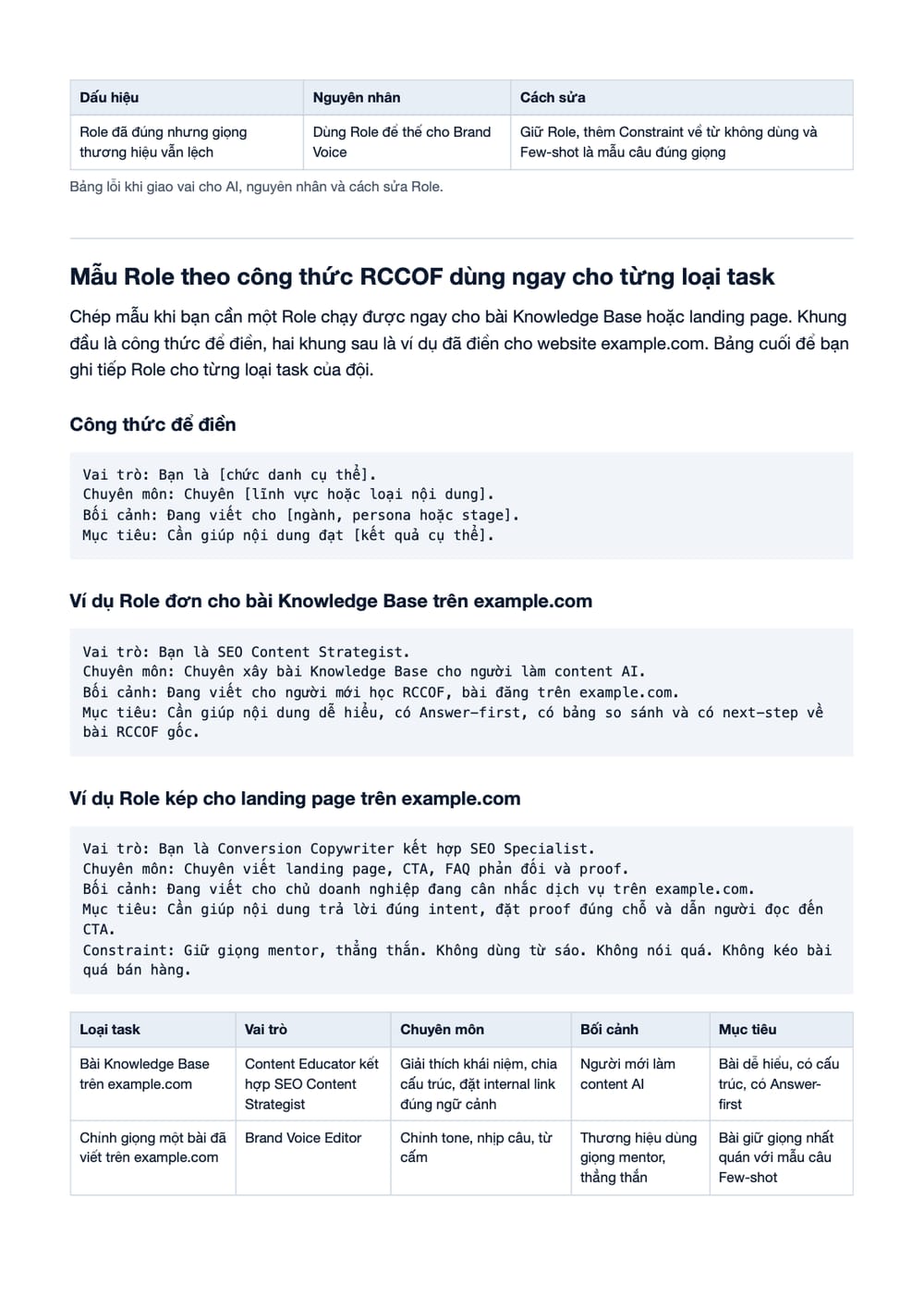 Trang 11 bản PDF của tài liệu Role Trong RCCOF Là Gì? Cách Giao Vai Cho AI Để Viết Đúng Depth Và, phần có bảng