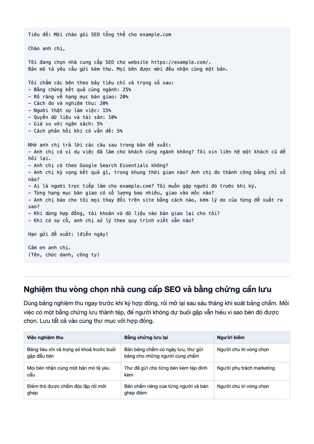 Trang 10 bản PDF của tài liệu Scorecard chọn nhà cung cấp SEO: bảng chấm điểm bảy tiêu chí và cách, phần có bảng