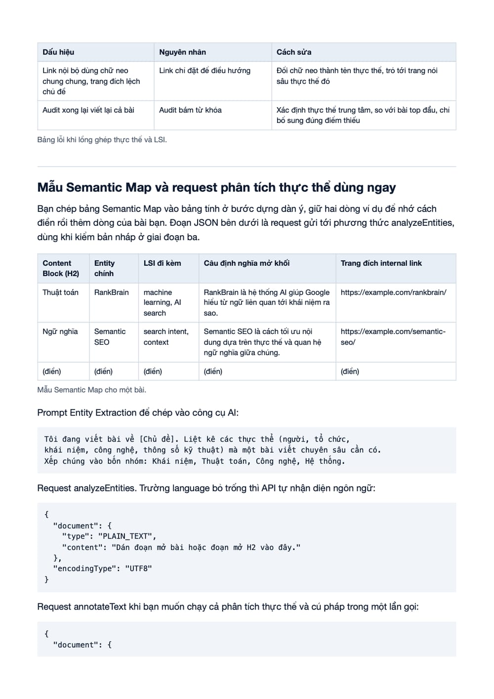 Trang 14 bản PDF của tài liệu Semantic SEO Writing - Kỹ thuật lồng ghép thực thể (Entity) và ngữ, phần có bảng