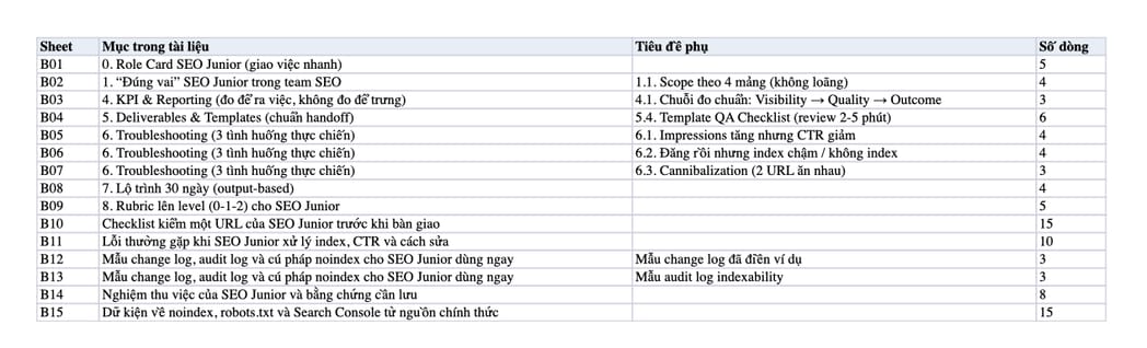 Sheet Mục lục trong tệp Excel của tài liệu SEO Junior là gì? Vai trò, Kỹ năng, KPI & Deliverables