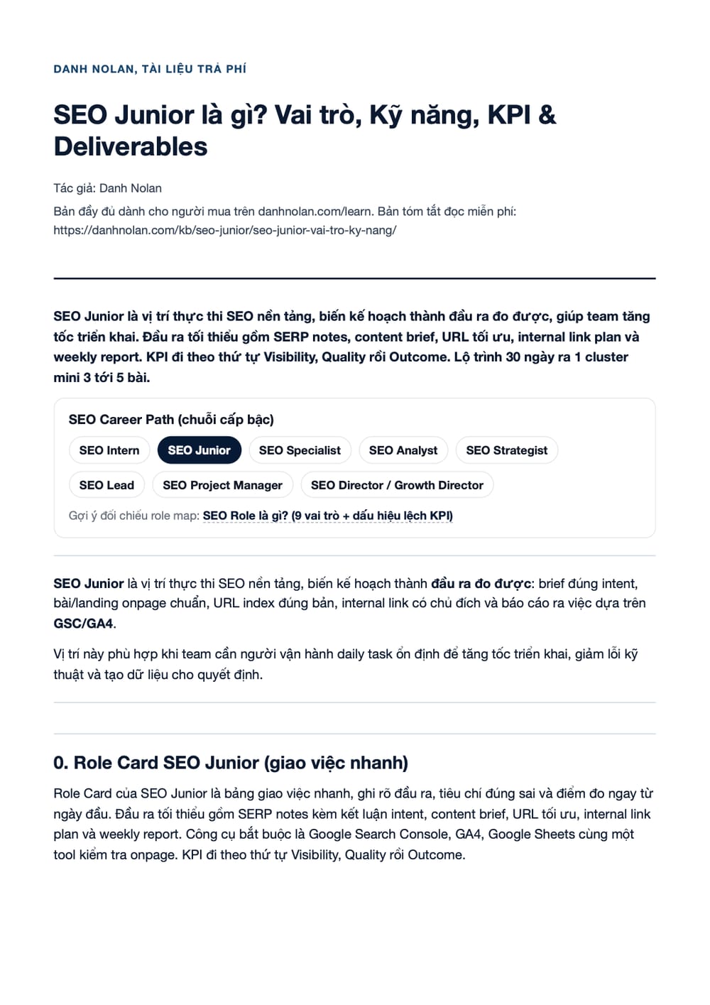 Trang 1 bản PDF của tài liệu SEO Junior là gì? Vai trò, Kỹ năng, KPI & Deliverables