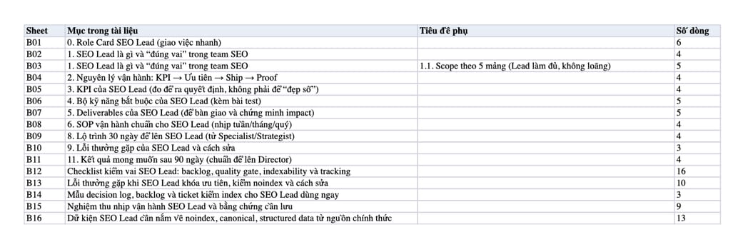 Sheet Mục lục trong tệp Excel của tài liệu SEO Lead là gì? Vai trò, kỹ năng, KPI & Deliverables
