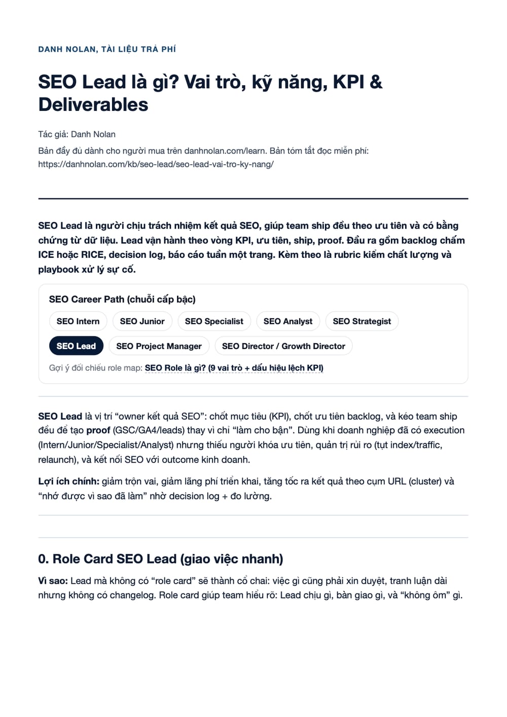 Trang 1 bản PDF của tài liệu SEO Lead là gì? Vai trò, kỹ năng, KPI & Deliverables