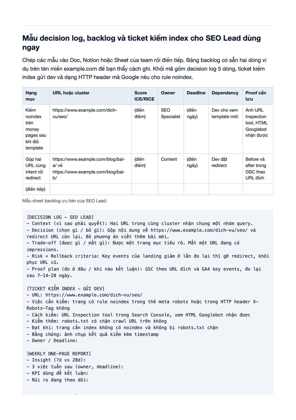 Trang 13 bản PDF của tài liệu SEO Lead là gì? Vai trò, kỹ năng, KPI & Deliverables, phần có bảng