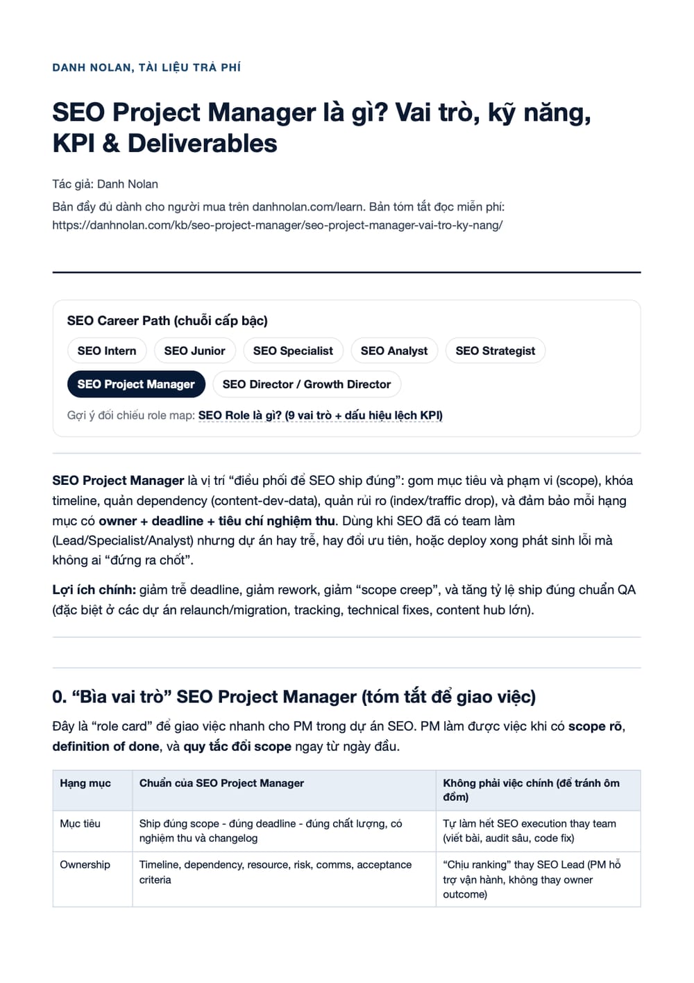 Trang 1 bản PDF của tài liệu SEO Project Manager là gì? Vai trò, kỹ năng, KPI & Deliverables