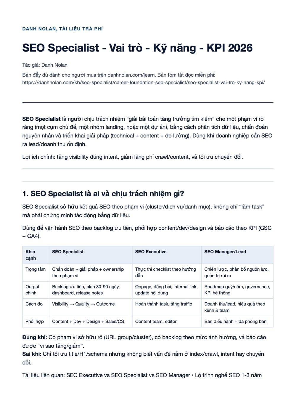 Trang 1 bản PDF của tài liệu SEO Specialist - Vai trò - Kỹ năng - KPI 2026