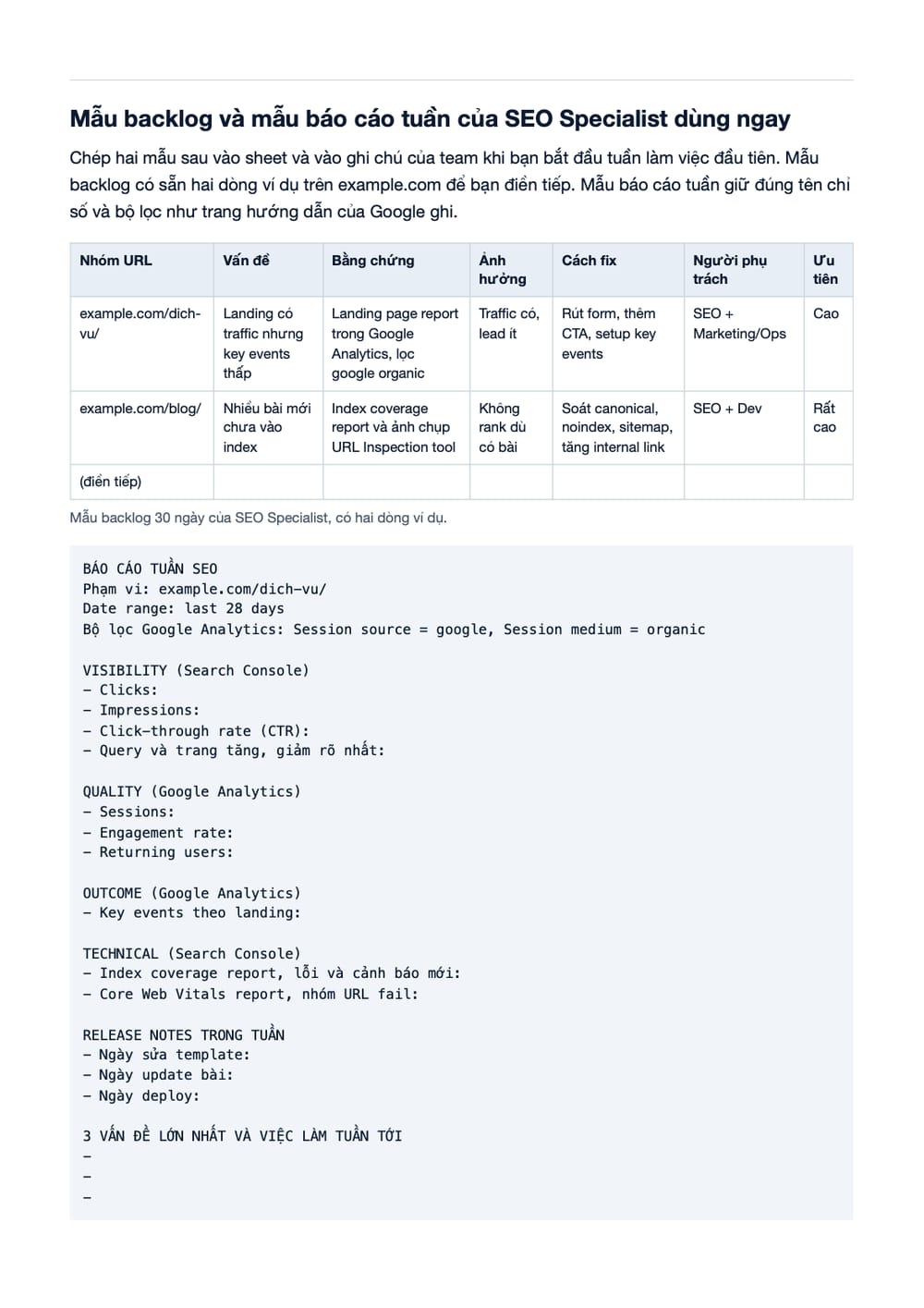 Trang 14 bản PDF của tài liệu SEO Specialist - Vai trò - Kỹ năng - KPI 2026, phần có bảng