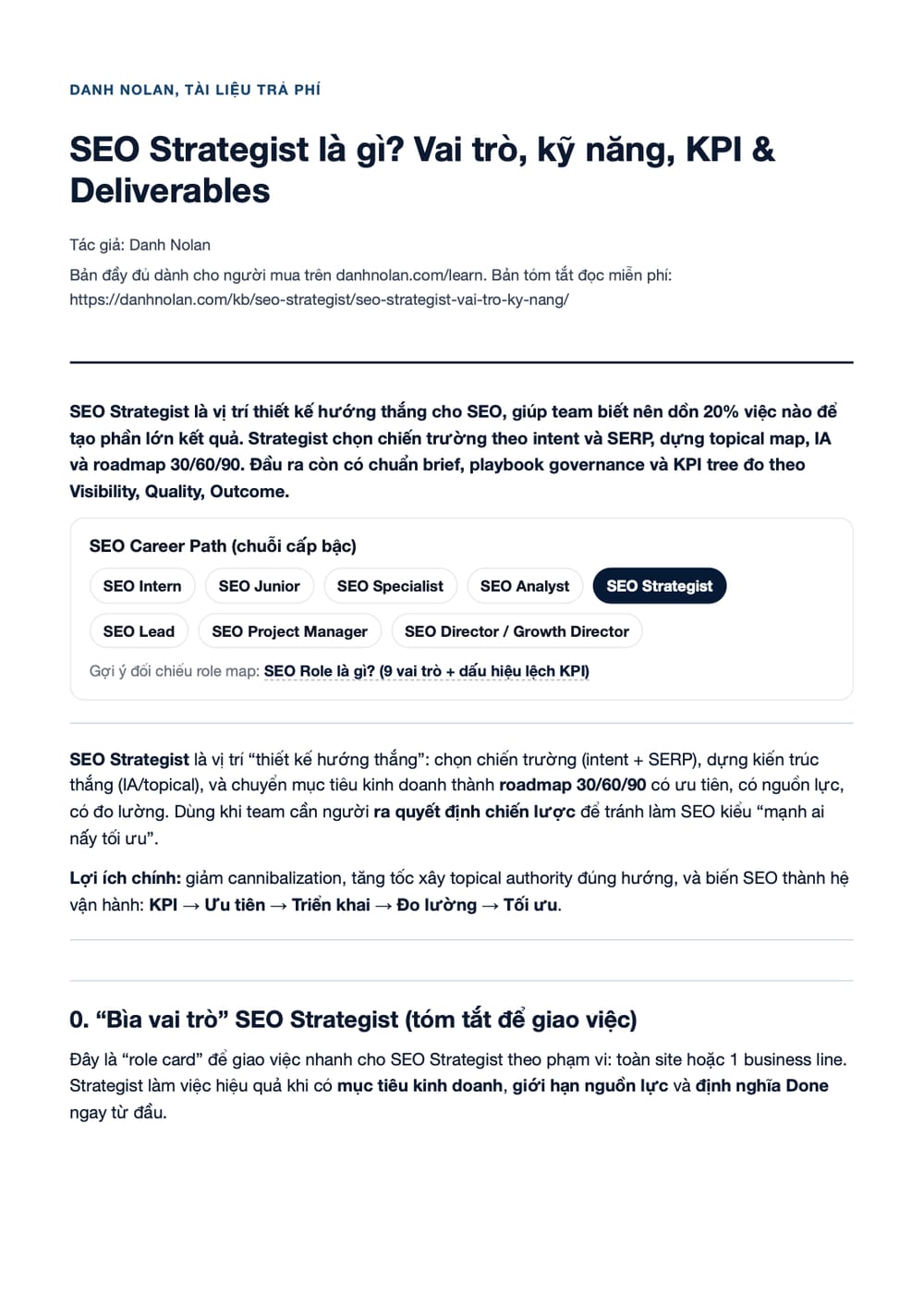 Trang 1 bản PDF của tài liệu SEO Strategist là gì? Vai trò, kỹ năng, KPI & Deliverables
