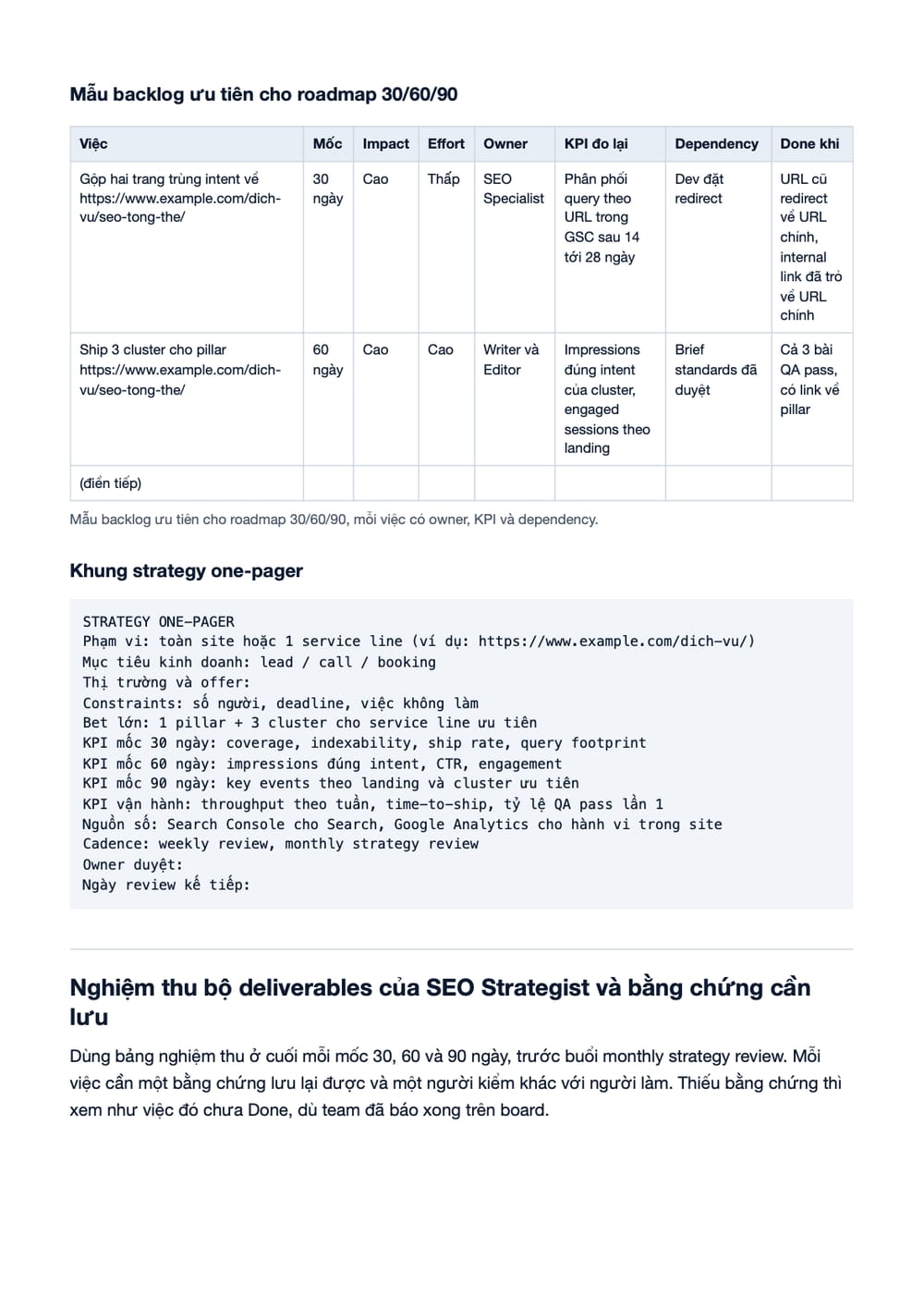 Trang 14 bản PDF của tài liệu SEO Strategist là gì? Vai trò, kỹ năng, KPI & Deliverables, phần có bảng