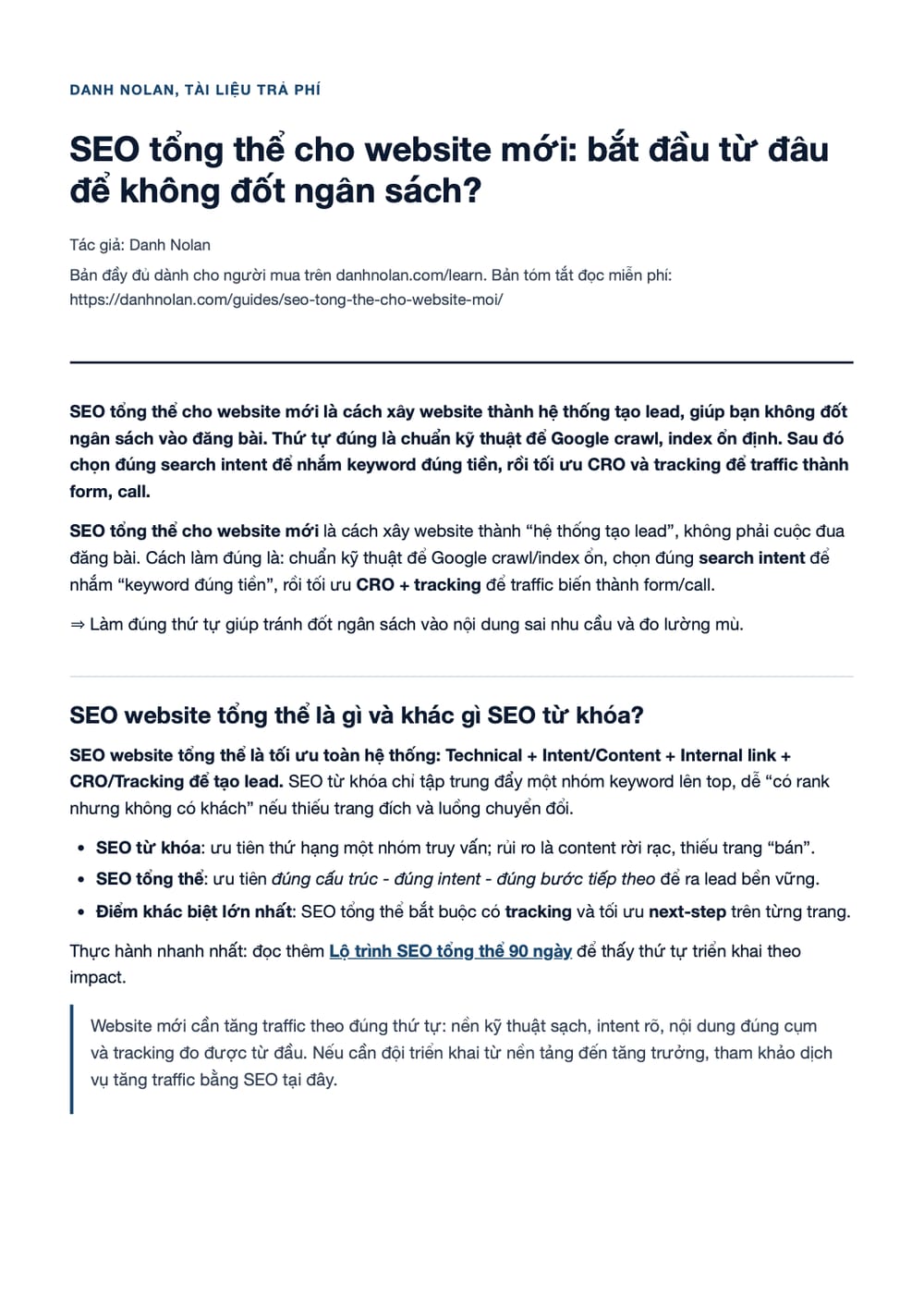 Trang 1 bản PDF của tài liệu SEO tổng thể cho website mới: bắt đầu từ đâu để không đốt ngân sách?