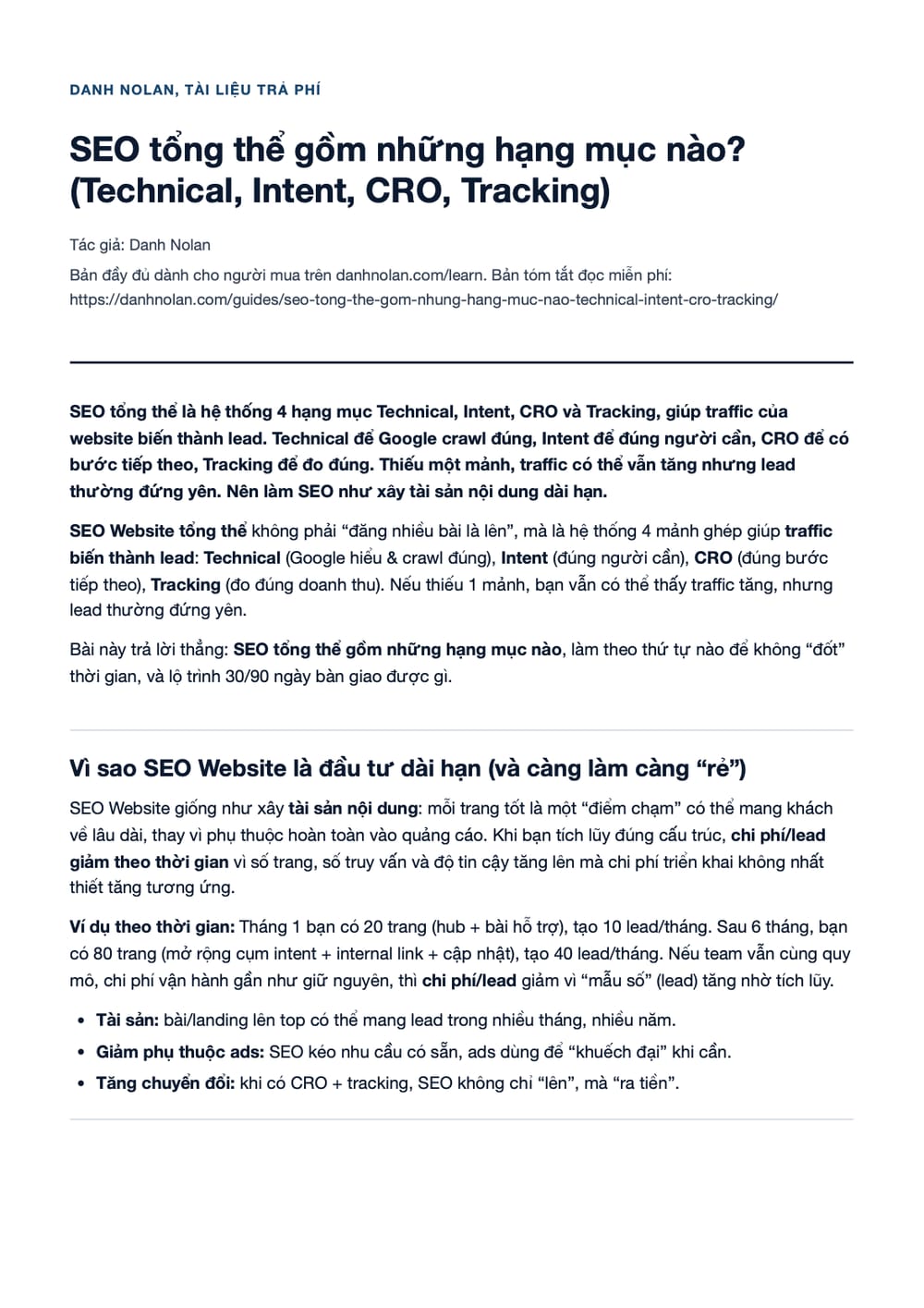 Trang 1 bản PDF của tài liệu SEO tổng thể gồm những hạng mục nào? (Technical, Intent, CRO