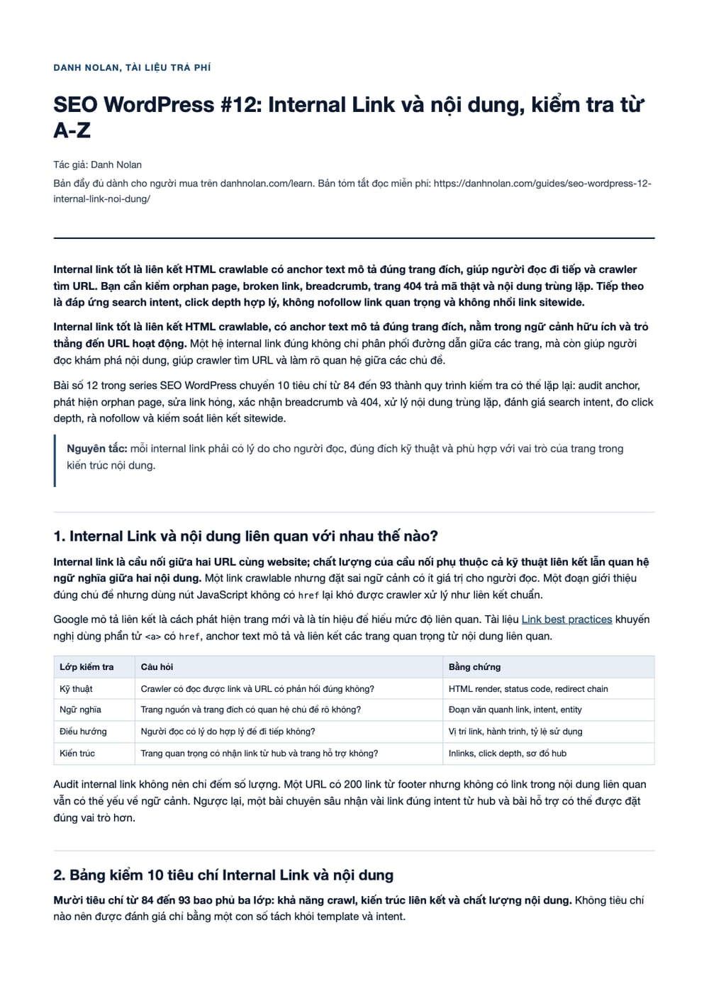 Trang 1 bản PDF của tài liệu SEO WordPress #12: Internal Link và nội dung, kiểm tra từ A-Z
