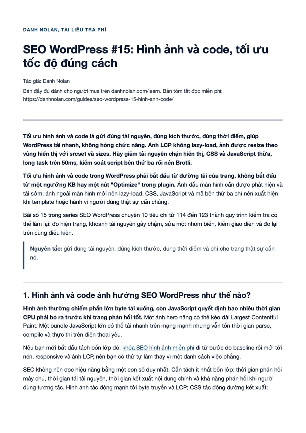 Trang 1 bản PDF của tài liệu SEO WordPress #15: Hình ảnh và code, tối ưu tốc độ đúng cách