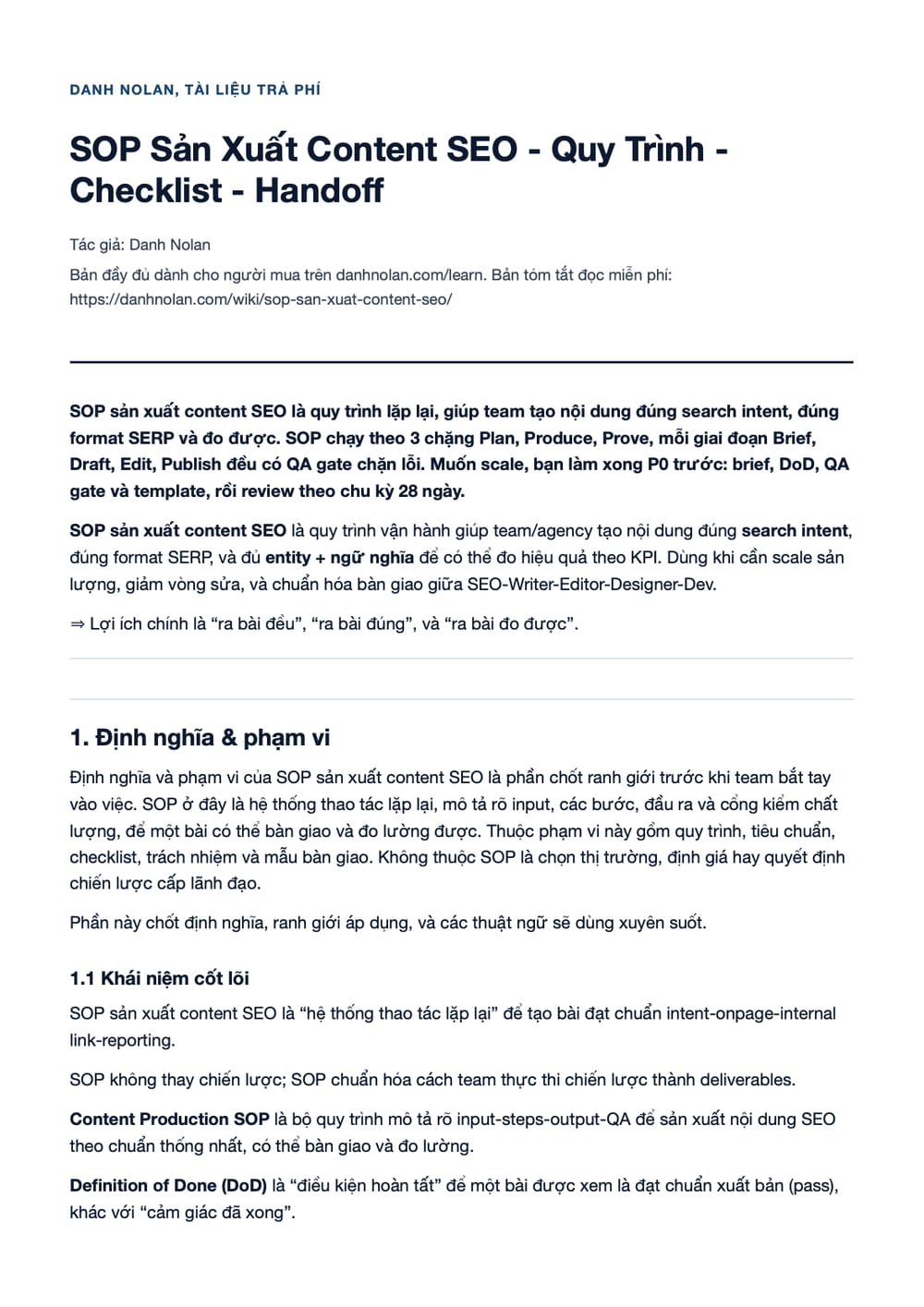 Trang 1 bản PDF của tài liệu SOP Sản Xuất Content SEO - Quy Trình - Checklist - Handoff