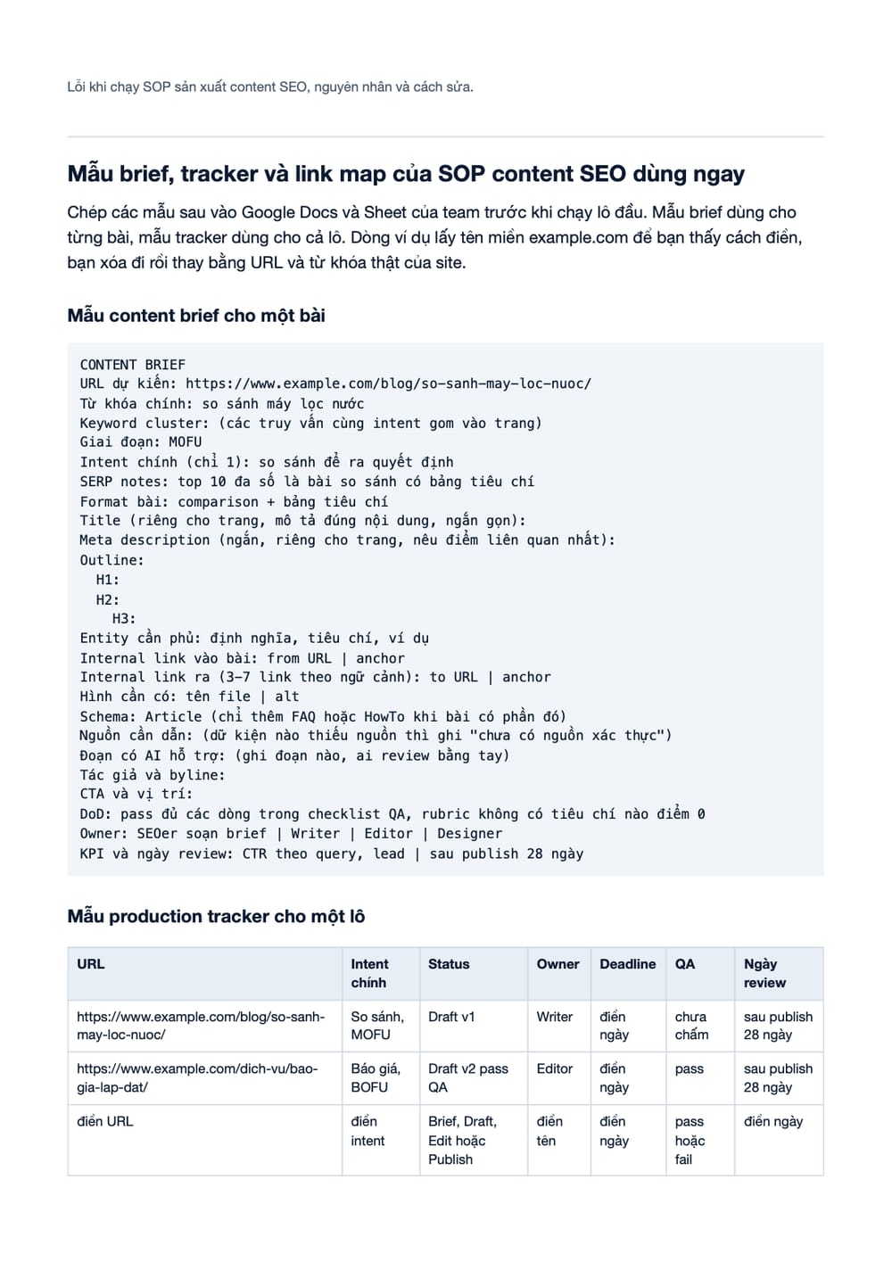 Trang 19 bản PDF của tài liệu SOP Sản Xuất Content SEO - Quy Trình - Checklist - Handoff, phần có bảng