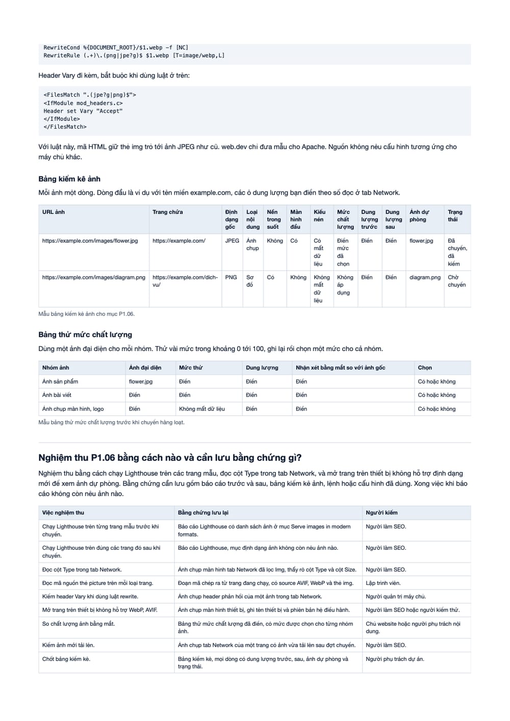 Trang 7 bản PDF của tài liệu Chuyển ảnh sang WebP, AVIF: quy trình chuyển, kiểm và nghiệm thu, phần có bảng