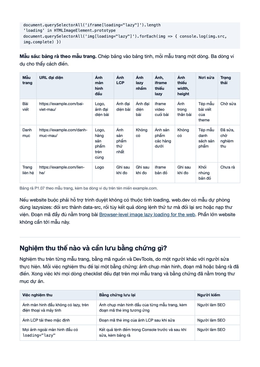Trang 10 bản PDF của tài liệu Native lazy loading: quy trình rà ảnh, iframe, sửa và nghiệm thu, phần có bảng
