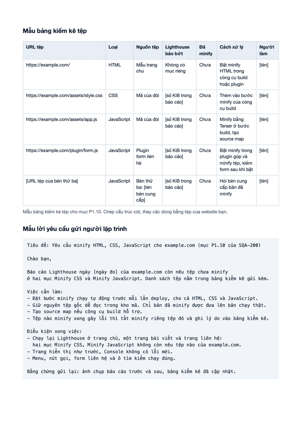 Trang 10 bản PDF của tài liệu Minify HTML, CSS, JS: quy trình rút gọn, kiểm lỗi và nghiệm thu, phần có bảng
