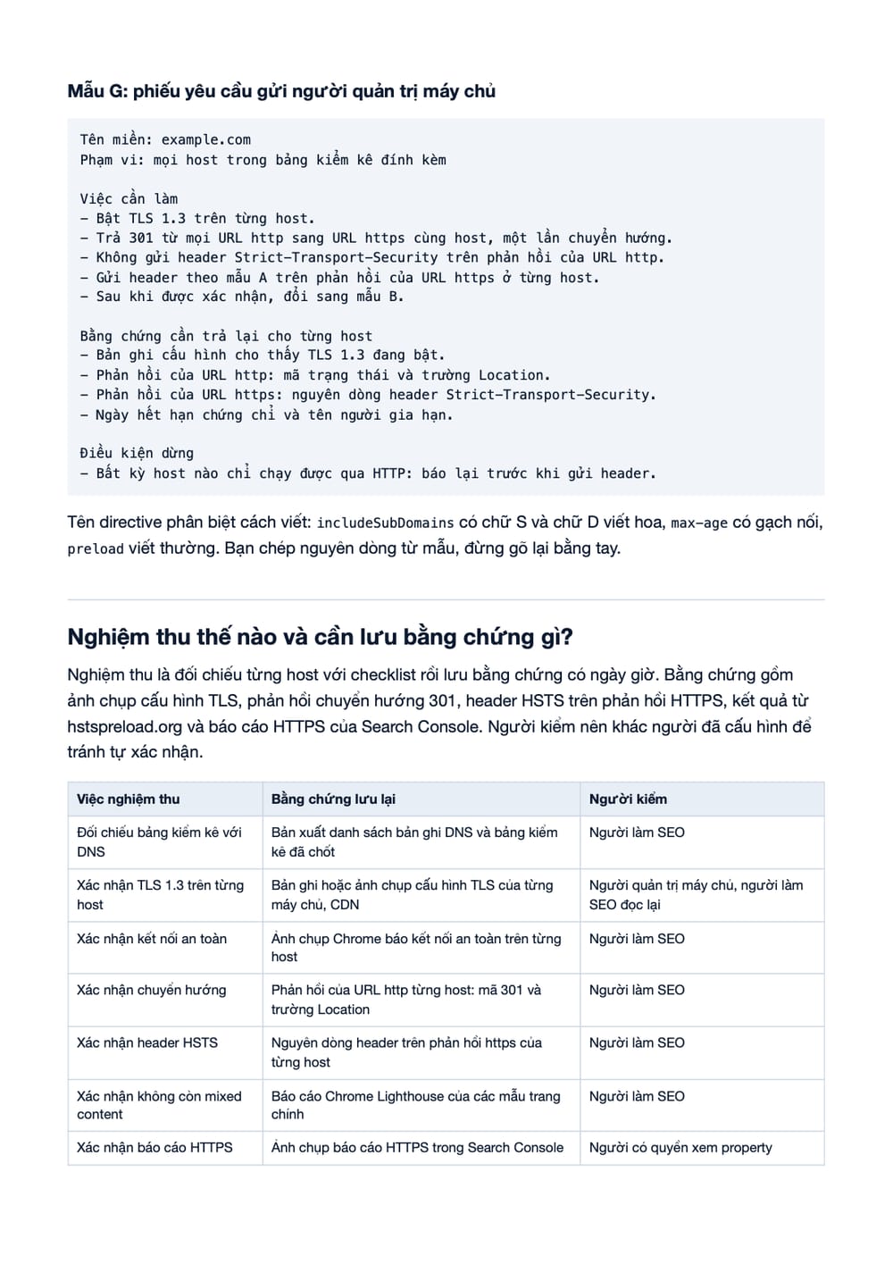 Trang 11 bản PDF của tài liệu TLS 1.3 và HSTS preload: quy trình bật, kiểm và nghiệm thu mục P1.13, phần có bảng