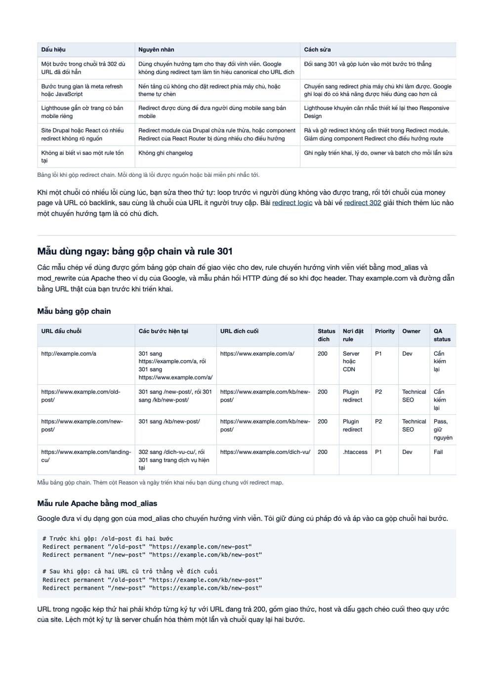 Trang 7 bản PDF của tài liệu Gộp redirect chain về một lần 301: quy trình audit, sửa và nghiệm thu, phần có bảng