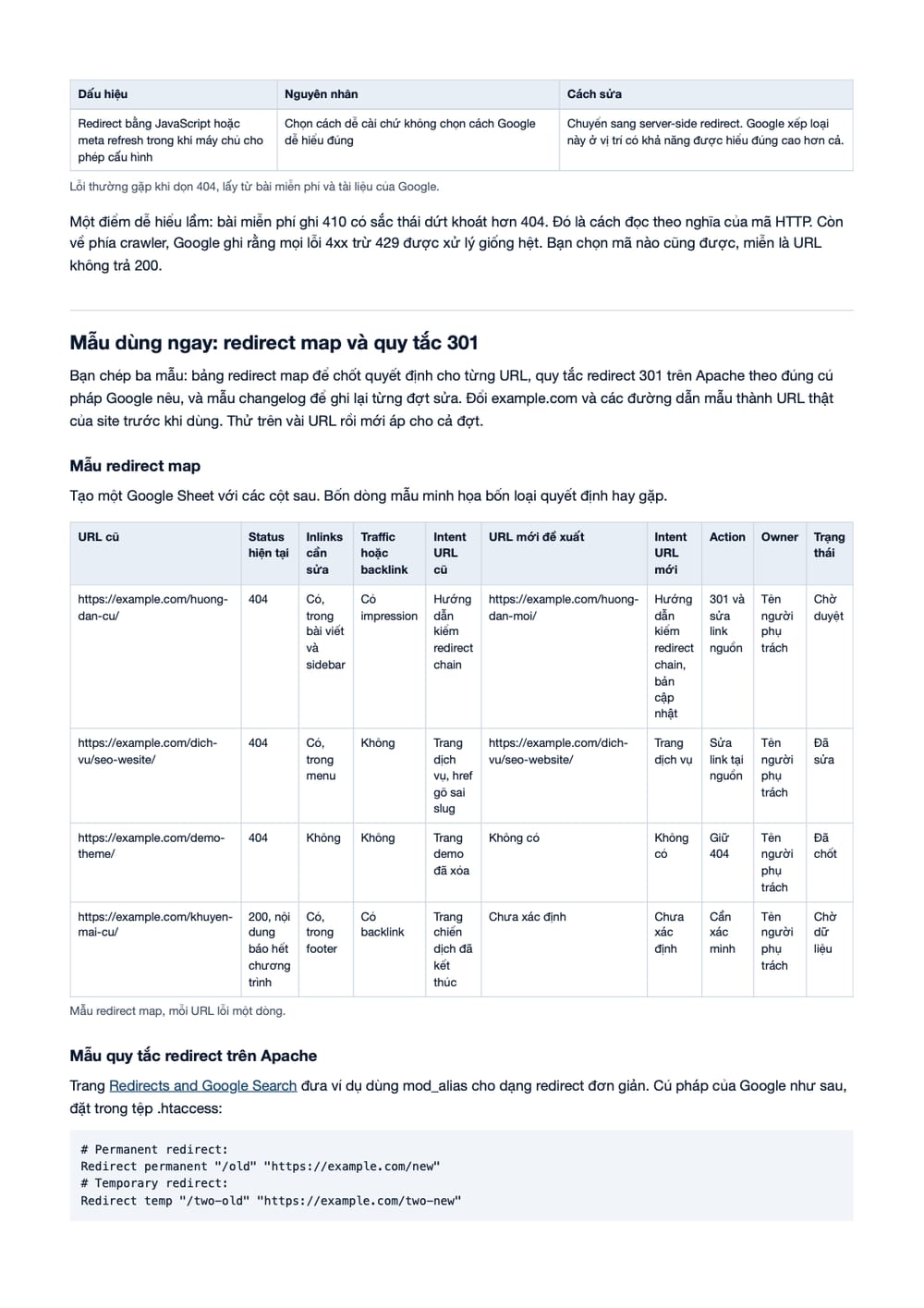 Trang 7 bản PDF của tài liệu Dọn link gãy và map 404 về 301: quy trình, checklist và nghiệm thu, phần có bảng Trang 7 bản PDF của tài liệu Dọn link gãy và map 404 về 301: quy trình, checklist và nghiệm thu, phần có bảng