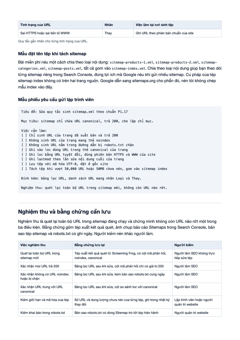 Trang 10 bản PDF của tài liệu Sitemap.xml sạch: quy trình lọc URL, sửa nguồn sinh và nghiệm thu, phần có bảng