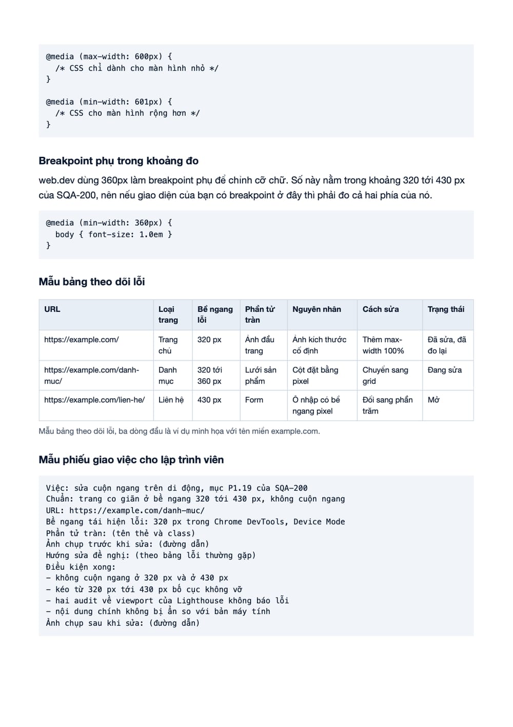 Trang 10 bản PDF của tài liệu Mobile Responsive 320 tới 430 px: quy trình kiểm, sửa và nghiệm thu, phần có bảng